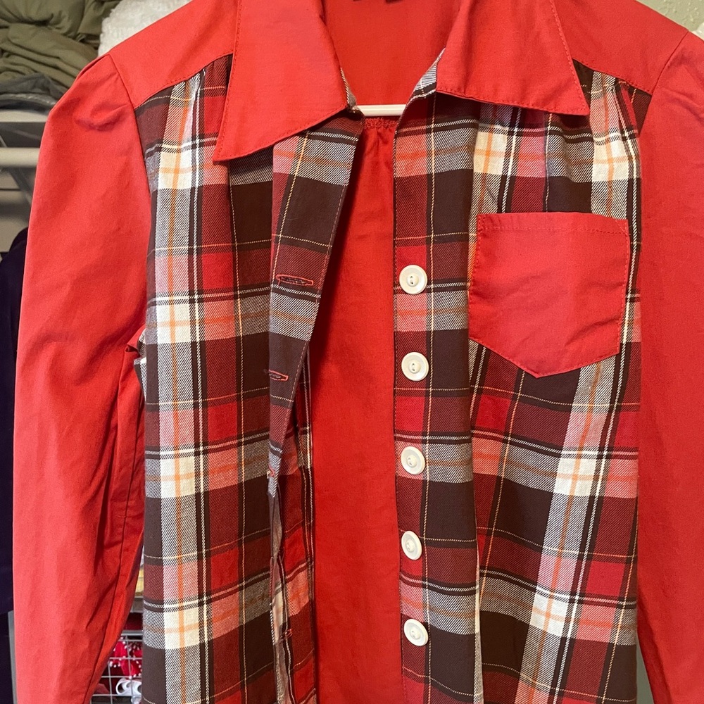 Rust Red and Plaid Button-Up Shirt